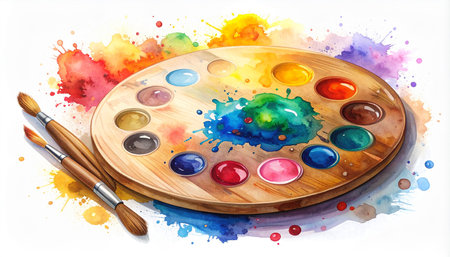 A wooden artist's palette filled with watercolor paints and brushes with colorful splashes.の素材