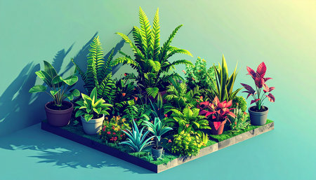 3d render of a garden with flowers and plants in pots.の素材