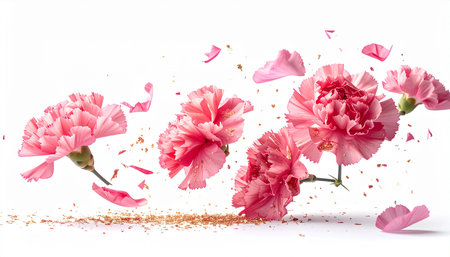 Isolated showing multiple pink carnations and petals explode with gold glitter on white keywords: pink,...の素材