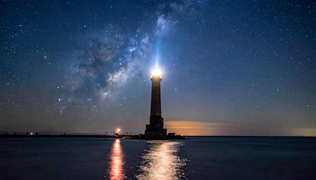 lighthouse at night with milky way and stars in the skyの素材