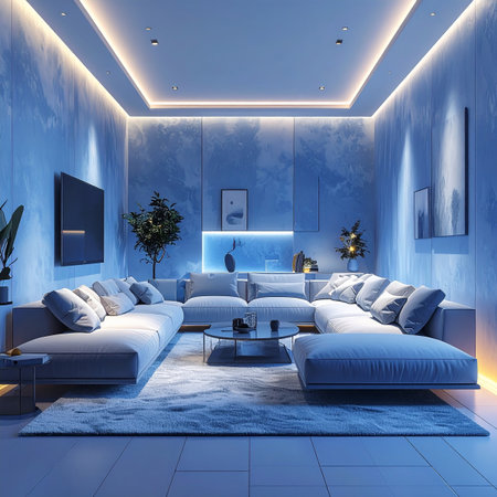 3d render of modern living room interior design with blue wall.の素材