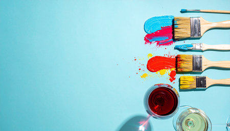 Paint brushes and glass of red wine on a blue background.の素材