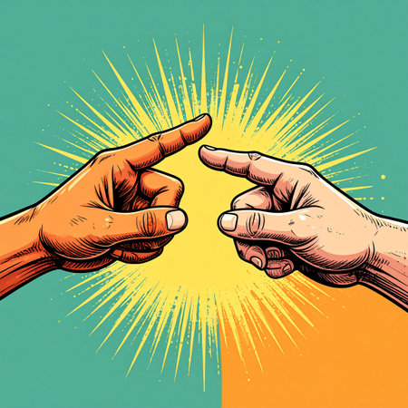 Hands pointing at each other. Pop art retro vector illustration.の素材