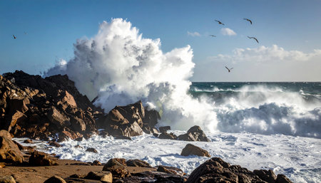 Big stormy waves crashing on the rocks on the Atlantic coast of Portugalの素材