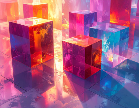 Translucent geometric cubes in vibrant colors reflect light and cast shadows on a textured surface.の素材
