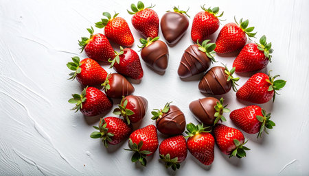 A generous circle of fresh red strawberries and chocolate-dipped strawberries on a white surface.の素材