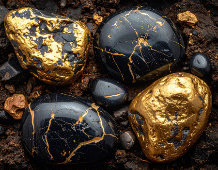 Polished black stones with gold veins and gold nuggets rest on dark soil. Clear details and vibrant colors en...の素材