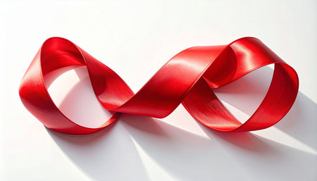 A shiny red satin ribbon forms an infinity symbol shape on a white surface with shadows.の素材
