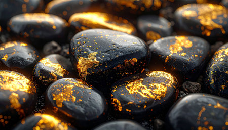 Dark, smooth stones with scattered flecks of bright gold creating a rich texture.の素材