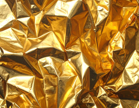 Close-up view of a crumpled gold foil surface with sharp angular folds and light reflections.の素材