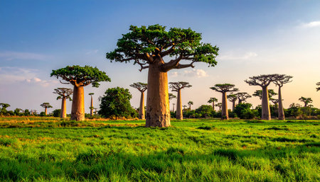 Category: showing majestic baobab trees stand tall in a grassy african savannah landscape keywords: baobab,...の素材