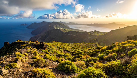 A dramatic mountainous coastal landscape with lush green vegetation bathed in sunset light.の素材