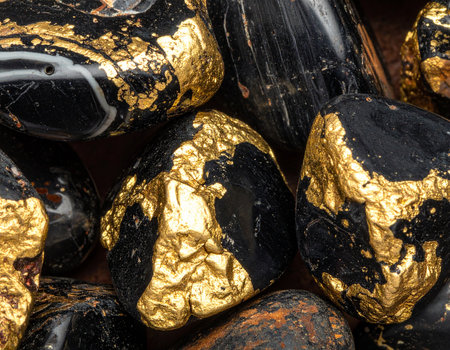 A collection of rough gold nuggets and smooth black stones with gold on dark ground.の素材