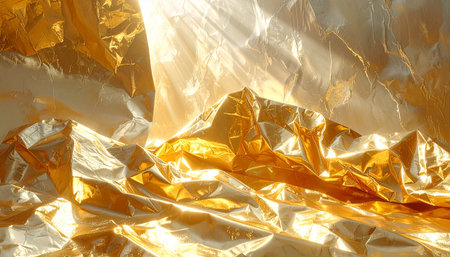 Abstract landscape of crumpled gold foil with dramatic light rays and deep shadows creating texture.の素材