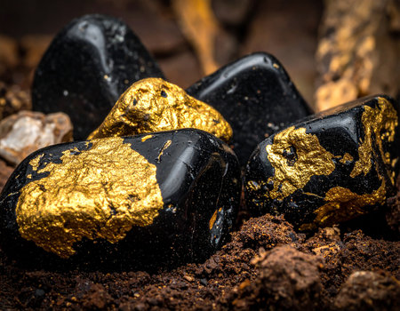 Shiny gold nuggets and black stones with gold veins are nestled in dark, textured soil.の素材