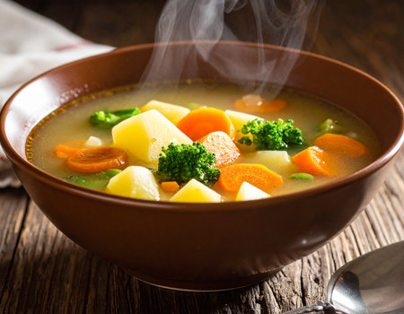 Soup showing close-up of steaming vegetable soup with potatoes carrots broccoli and parsley keywords: soup,...の素材