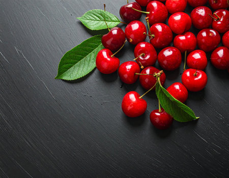 Ripe red cherries with green leaves are arranged on a dark textured surface. Clear details and vibrant colors...の素材