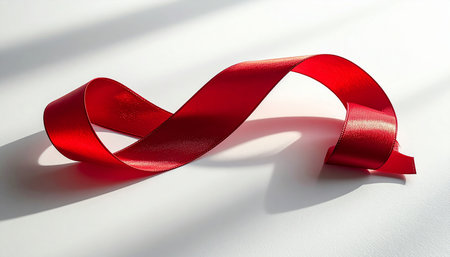 A red satin ribbon flows in a graceful curve, casting soft shadows on a plain white background.の素材