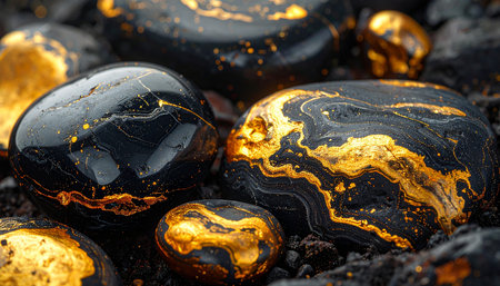 Dark stones with swirling gold patterns and small gold nuggets are on dark ground.の素材