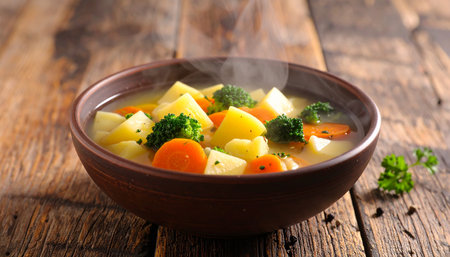 A rustic bowl of steaming vegetable soup with potatoes, broccoli, and carrots. Clear details and vibrant colo...の素材