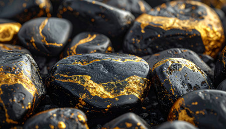 Smooth, dark stones are adorned with intricate, flowing patterns of bright gold on their surfaces.の素材