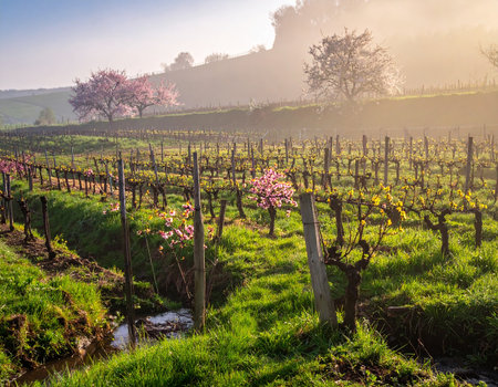 A misty vineyard landscape with blooming pink trees and a small stream flowing through green grass.の素材
