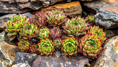 A group of green and red succulents are nestled closely together among rough, textured rocks.の素材