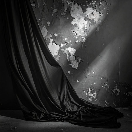 black curtain on grunge wall background, black and white photo.の素材