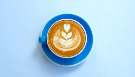 Cup of cappuccino with latte art on blue backgroundの素材