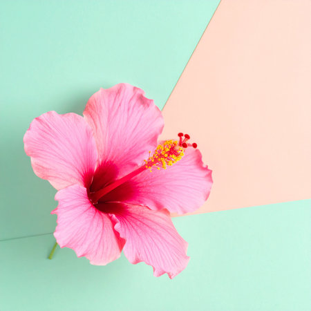 Pink hibiscus flower on pastel background. Flat lay, top viewの素材
