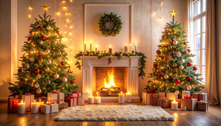 Two decorated Christmas trees flank a fireplace with a fire, surrounded by gifts and festive lights.の素材