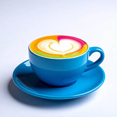 Colorful cup of coffee with latte art on white background.の素材