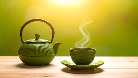 A green cast iron teapot and a textured cup of steaming tea rest on a wooden table outdoors with a blurred...の素材