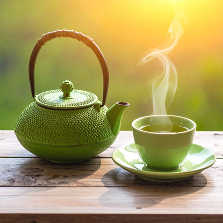 A green cast iron teapot and cup with steam on a wooden table with sunlight and greenery.の素材