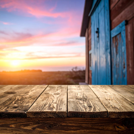 Empty wooden table for product display montages with beautiful sunset in backgroundの素材