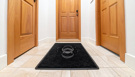 A black welcome mat with a circular pattern rests on a tiled floor in front of wooden doors.の素材