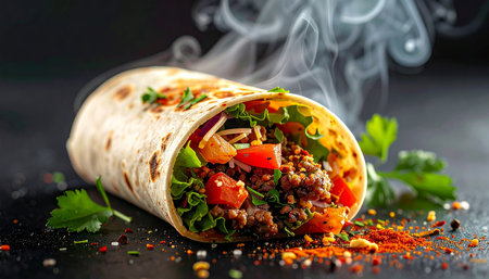 Traditional mexican burrito with meat and vegetables on black backgroundの素材