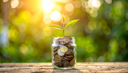 Plant growing out of coins in a glass jar with sunlight backgroundの素材
