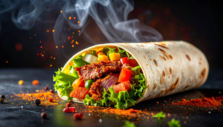Tortilla wrap with grilled meat, vegetables and spices on black backgroundの素材