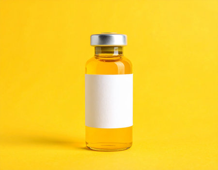 Vaccine bottle with blank label on yellow background. Mock upの素材