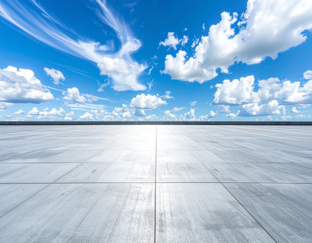Empty square floor and blue sky with white clouds. Perspective view.の素材