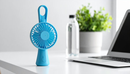Modern blue electric fan on white table in office. Space for textの素材