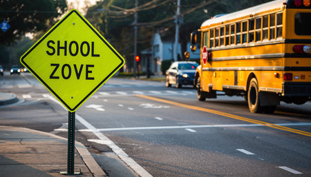 School zone sign on the road with school bus in the background.の素材
