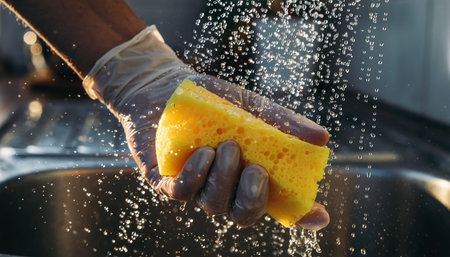 Close-up of a man's hand in a rubber glove washing a sponge in the kitchenの素材