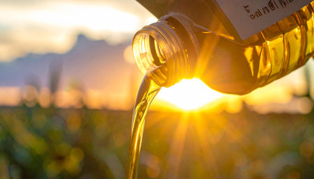 Olive oil pouring from bottle into corn field with sunset background.の素材