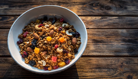 Granola with nuts and dried fruits in a bowl on a wooden tableの素材