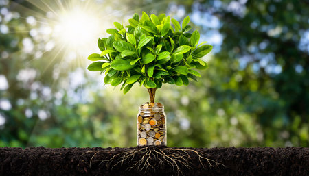 Tree growing from coins in glass jar with sunlight. Money growth concept.の素材