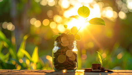 Coins in a glass jar on the nature background. save money for investment concept.の素材