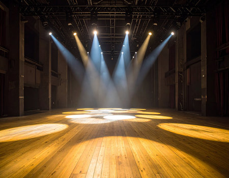 stage lighting effect in the dark room with wooden floor and spotlightsの素材