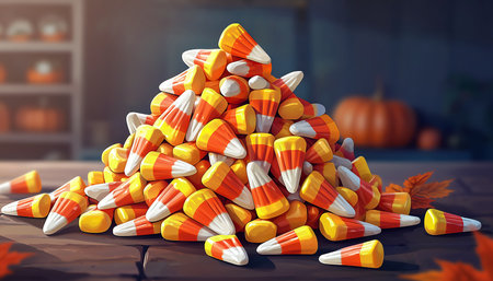 Pile of Halloween candy corn on the table. 3d illustrationの素材